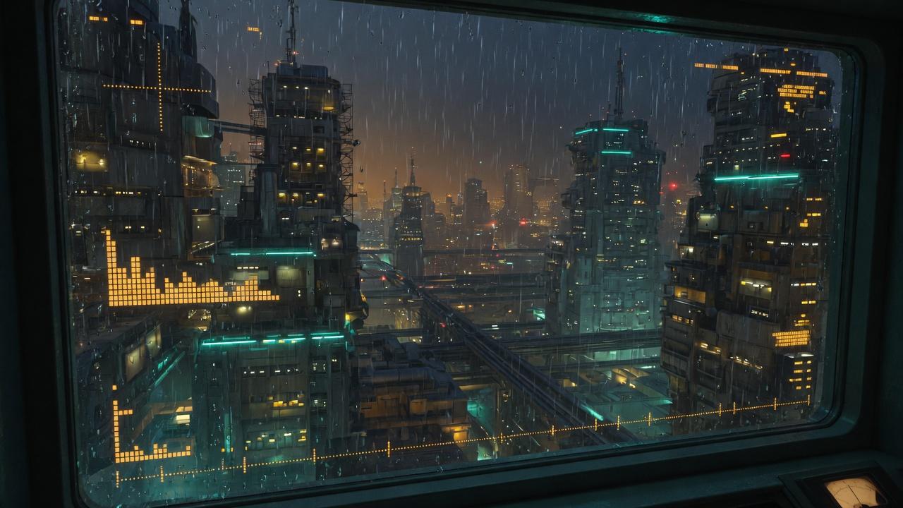 A rain-streaked laboratory window looking onto a dense future city of boxed towers